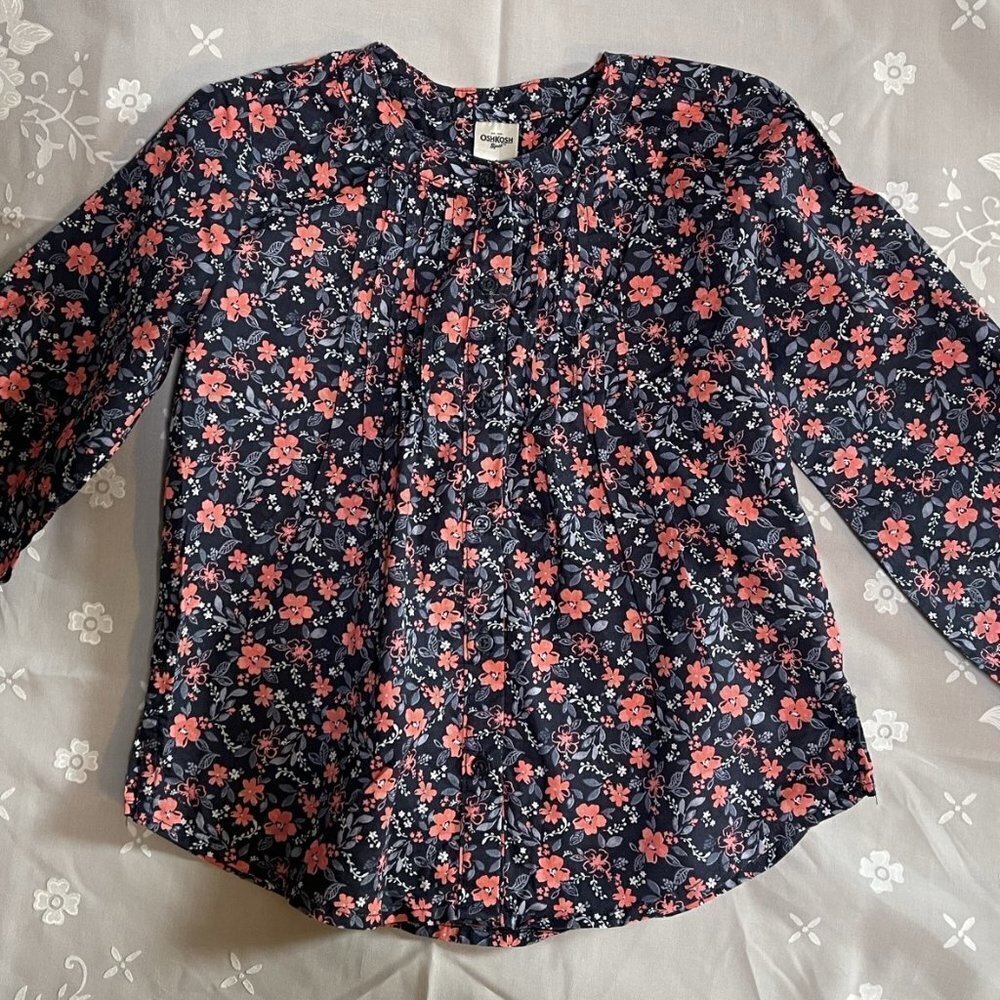OSHKOSH B'Gosh Girls 4 Top Shirt Pleated Front Navy Blue Pink Floral Print - Picture 1 of 9
